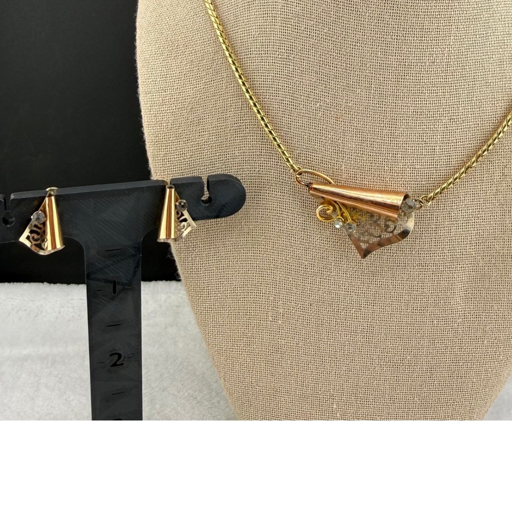 Vintage Van‎ Dell Jewelry Set Gold 12K GF Filigree Rhinestone Womens 15in